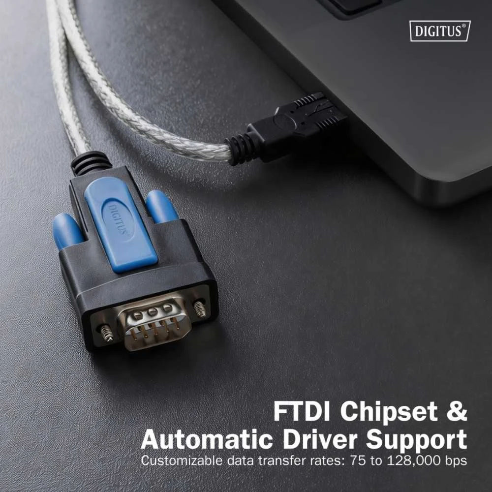 „Digitus“ kabelis USB 2.0–RS232 (db9) adapteris | FTDI (ft232rnl) lustų rinkinys | PVC, skaidrus | prisukamas tvirtinimas | 1,8 m