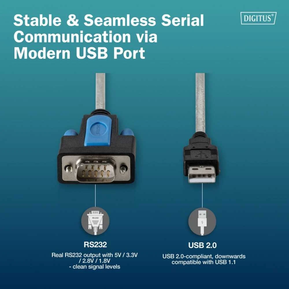 „Digitus“ kabelis USB 2.0–RS232 (db9) adapteris | FTDI (ft232rnl) lustų rinkinys | PVC, skaidrus | prisukamas tvirtinimas | 1,8 m