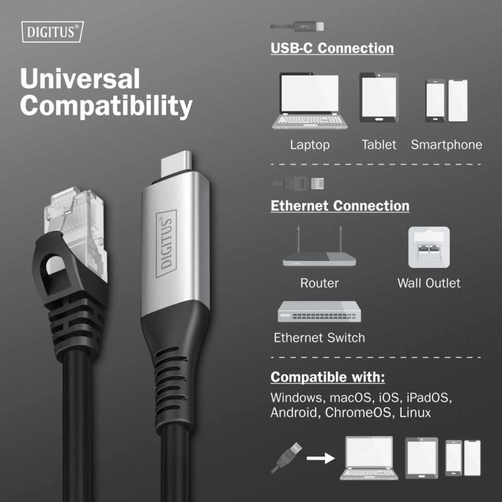 Digitus Digitus Kabelis USB-C 3.2 Gen1 - RJ45 Ethernet, 1 Gbit/s, 5 m