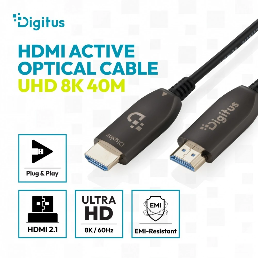 Digitus HDMI optinis kabelis 8K su techninėmis piktogramomis