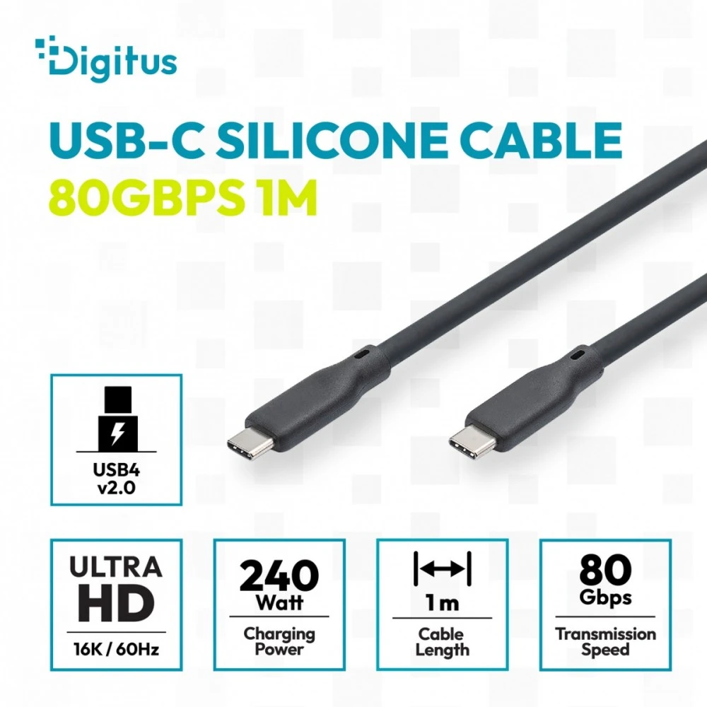 Digitus Digitus Kabelis silikonowy USB, USB4 wersja 2.0, USB 80 Gb/s, 1 m, juoda
