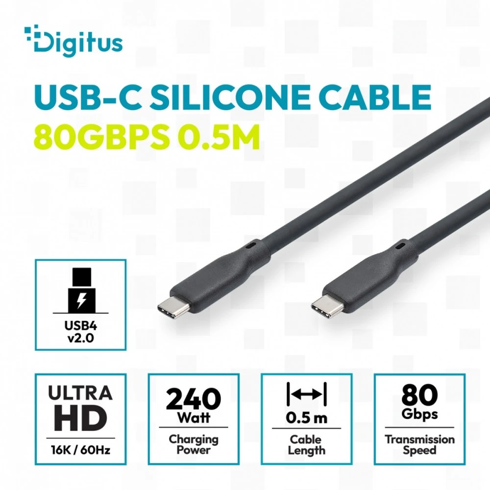 Digitus Digitus Kabelis silikonowy USB, USB4 wersja 2.0, USB 80 Gb/s, 0,5 m, juoda