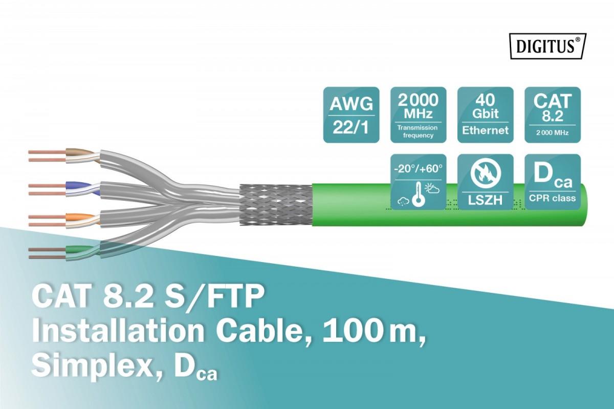 Assmann Electronic DIGITUS DK-1843-VH-1 CAT 8.2 S-FTP diegimas. kabelis 2000MHz AWG 22/1 Dca 100m žiedas simplex žalias