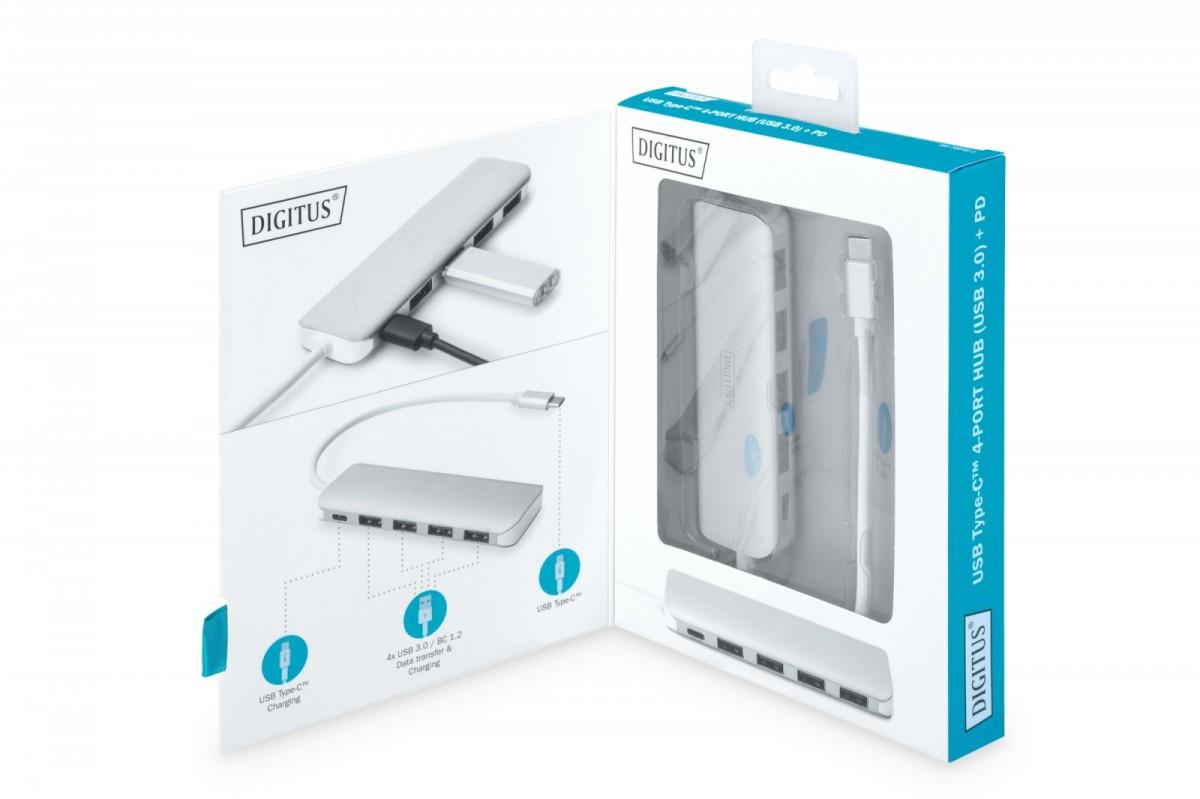 DIGITUS DA-70242-1 DIGITUS HUB 4 prievadų USB 3.0 SuperSpeed su C tipo maitinimo tiekimu aliuminio