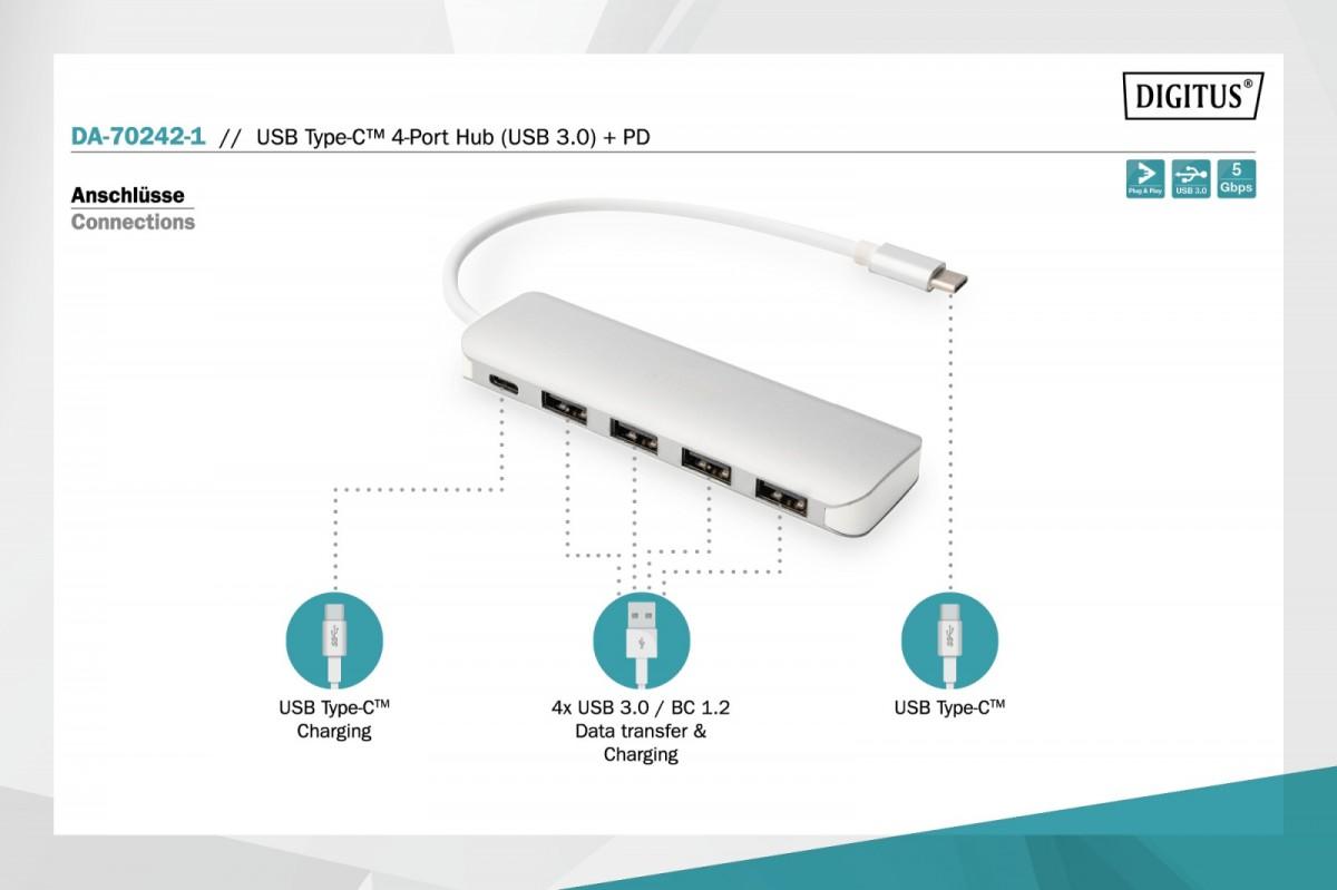 DIGITUS DA-70242-1 DIGITUS HUB 4 prievadų USB 3.0 SuperSpeed su C tipo maitinimo tiekimu aliuminio