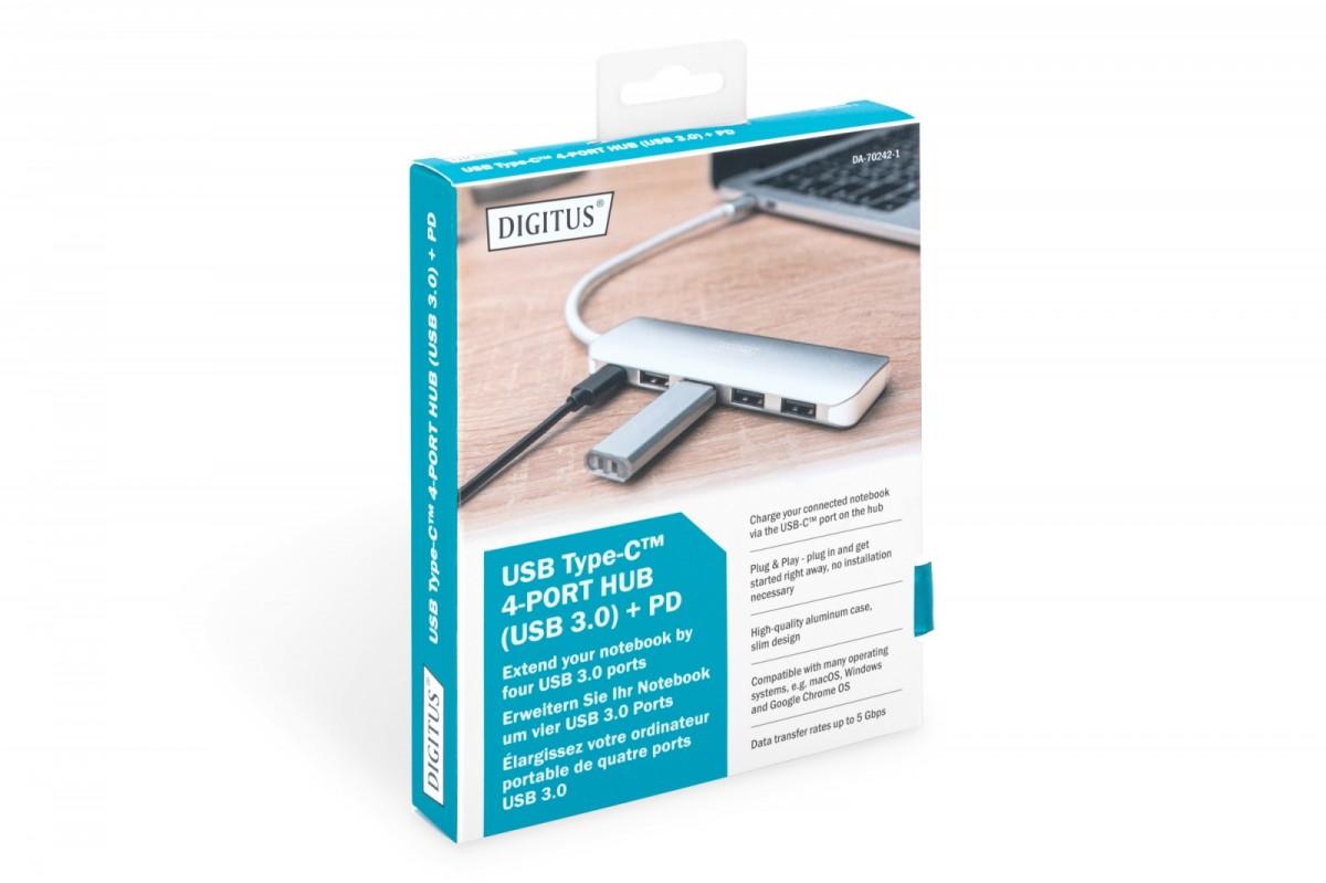 DIGITUS DA-70242-1 DIGITUS HUB 4 prievadų USB 3.0 SuperSpeed su C tipo maitinimo tiekimu aliuminio