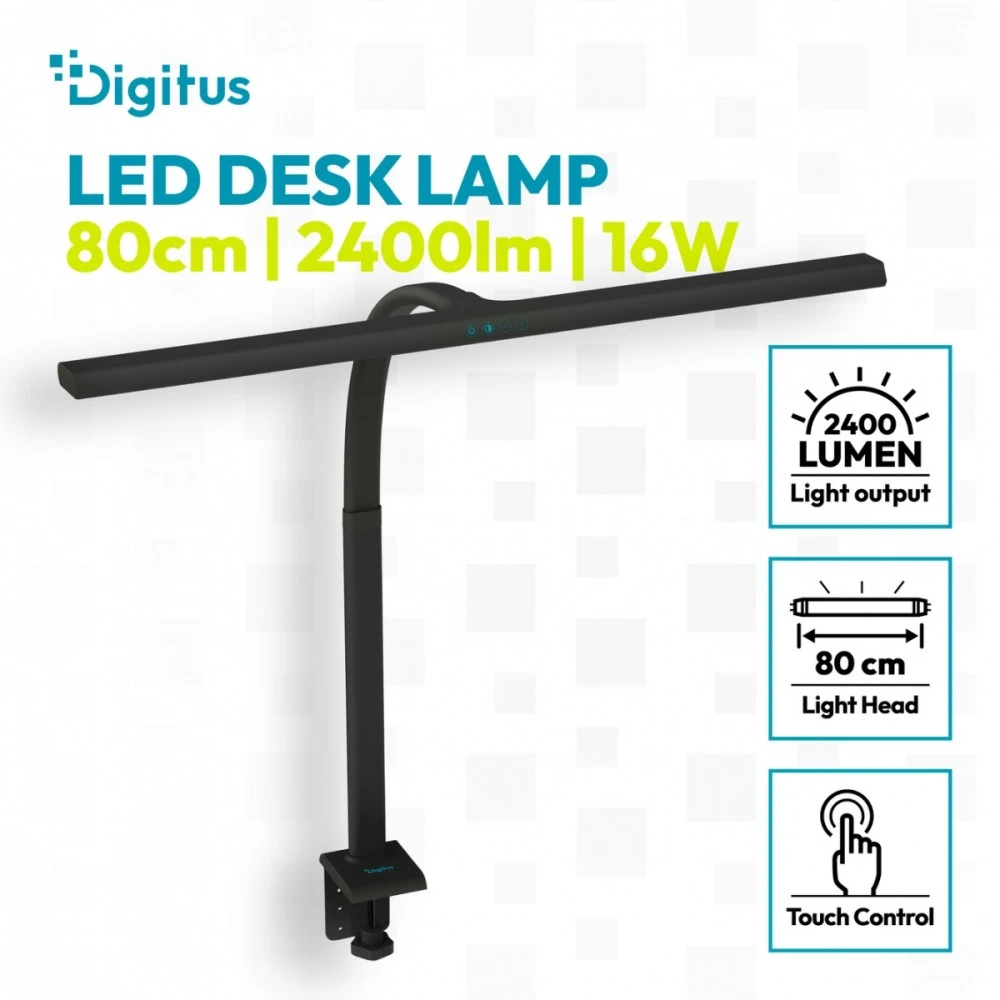 Digitus LED Desk Lamp, 80 cm, Juodas | DA-90492 | 2400 lm | 16 W | 3000-6500 K | Warm baltas | LED lamp | 10 V