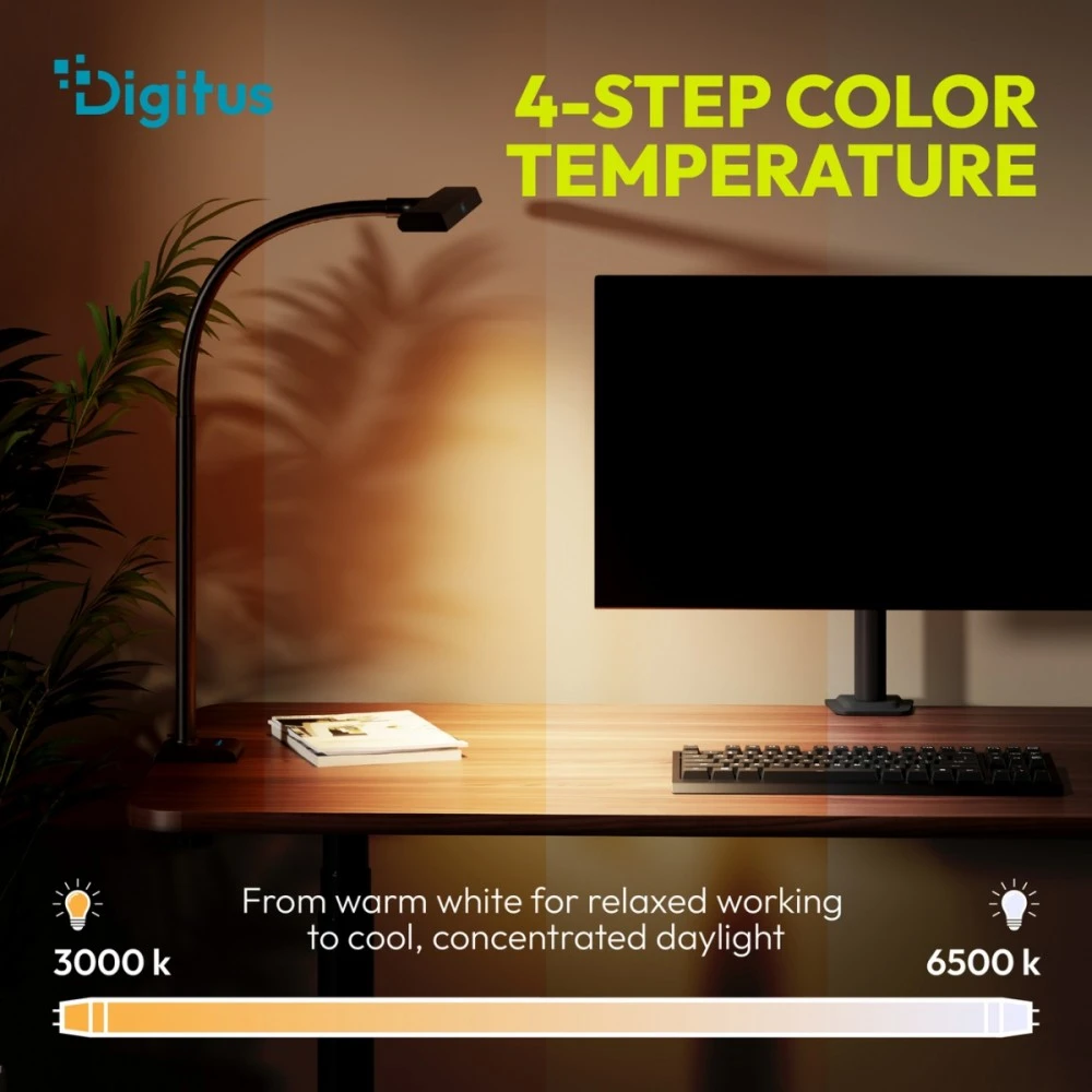 Digitus LED Desk Lamp, 80 cm, Juodas | DA-90492 | 2400 lm | 16 W | 3000-6500 K | Warm baltas | LED lamp | 10 V