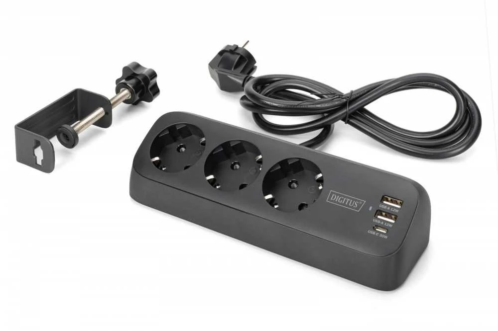 „Digitus“ 3 krypčių biuro lizdų juosta su 2 USB-A ir 1 USB-C jungtimis | DA-70625