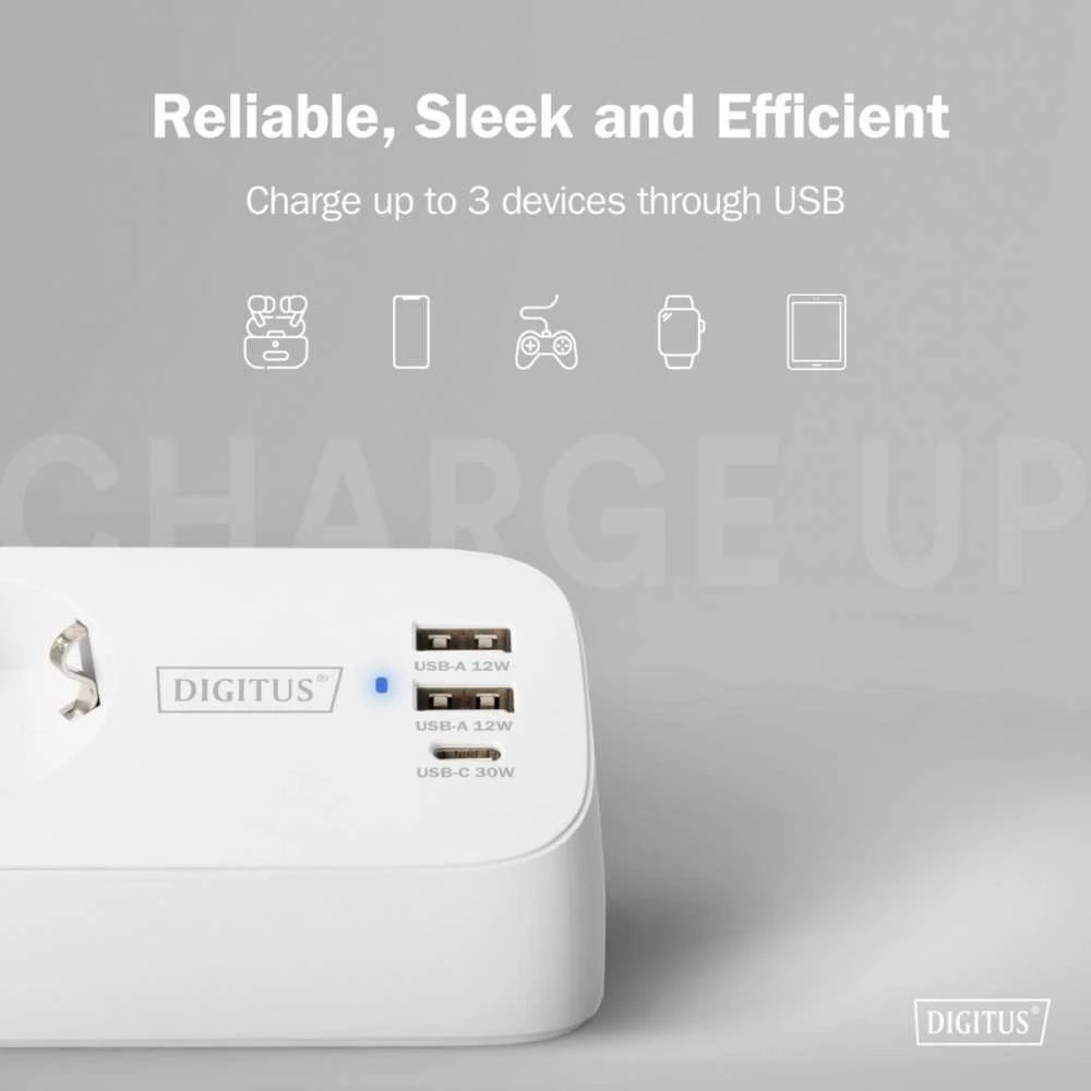 „Digitus“ 3 krypčių biuro lizdų juosta su 2 USB-A ir 1 USB-C jungtimis | DA-70626