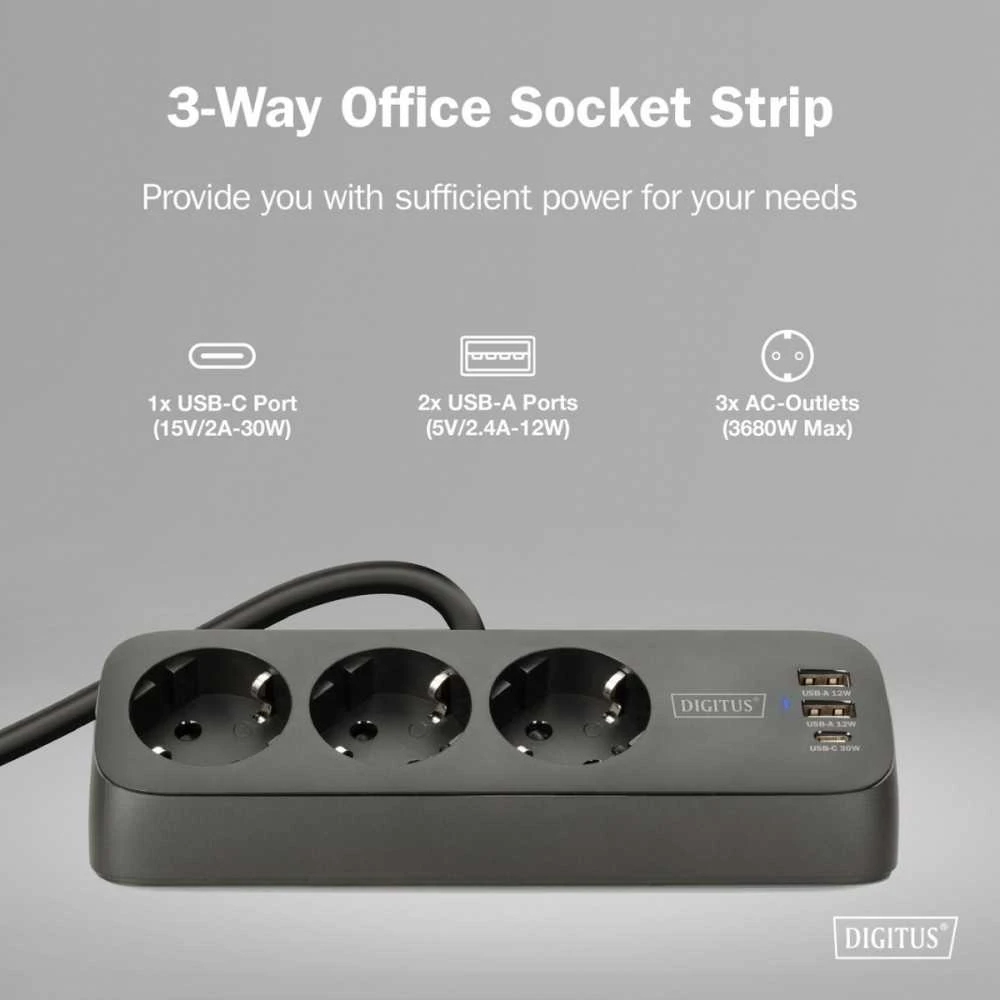 „Digitus“ 3 krypčių biuro lizdų juosta su 2 USB-A ir 1 USB-C jungtimis | DA-70625