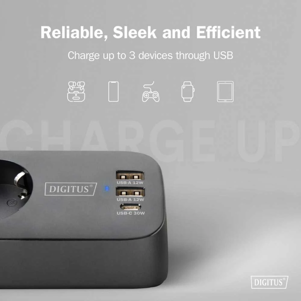 „Digitus“ 3 krypčių biuro lizdų juosta su 2 USB-A ir 1 USB-C jungtimis | DA-70625
