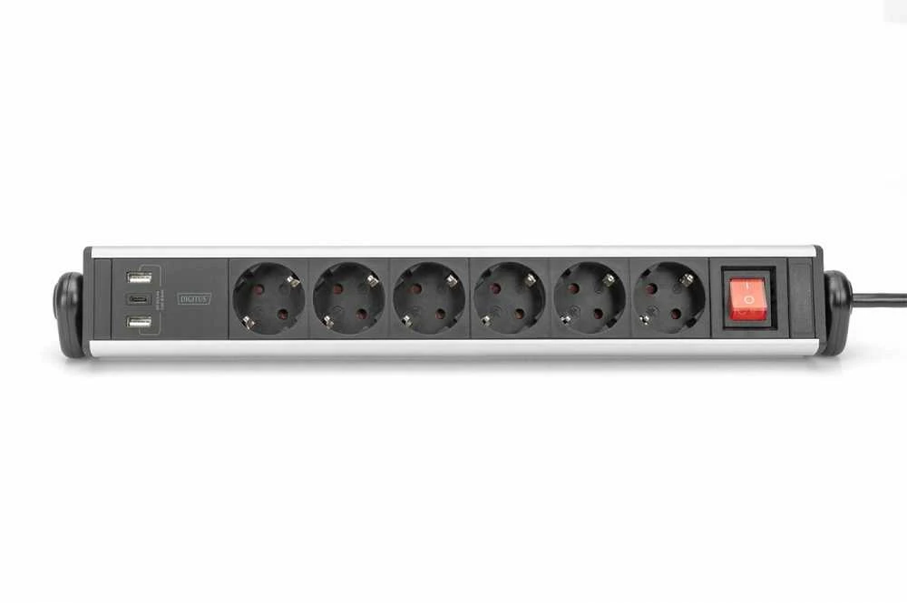 Digitus Biuro maitinimo juostelė 45°, 6 lizdai, 2xUSB-A 1xUSB-C (5v/3.4A), sukimasis 180°, aliuminis, su stalviršio spaustuku