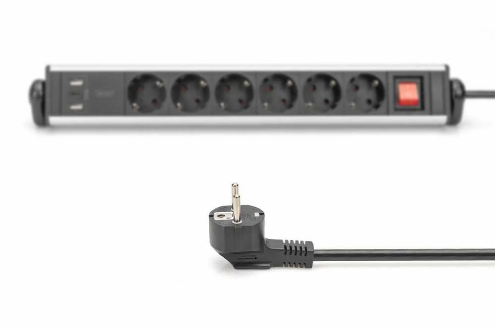 Digitus Biuro maitinimo juostelė 45°, 6 lizdai, 2xUSB-A 1xUSB-C (5v/3.4A), sukimasis 180°, aliuminis, su stalviršio spaustuku