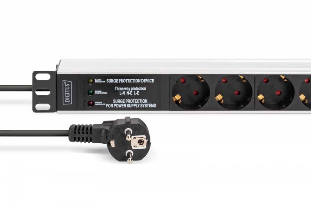 Digitus DIGIT 1U aliuminio maitinimo blokas, montuojamas į stelažą, 7 apsauginiai lizdai 16A, 230 V kintamoji srovė, 50/60 Hz, apsauga nuo viršįtampių, linijos filtras