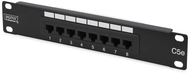 Assmann Electronic DIGITUS CAT 5e D klasės Patch Panel neekranuotas 8 prievadų RJ45 8P8C LSA 1U 254 mm (10 colių) Rack Mount spalva juodas RAL 9005