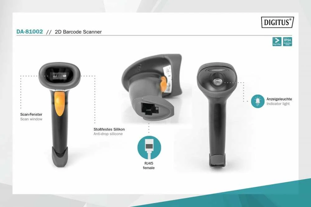 Digitus czytnik kodów kreskowych przewodowy usb-rj45 2m, 1d i 2d, zgodny su kodami qr, stojak w zestawie da-81002