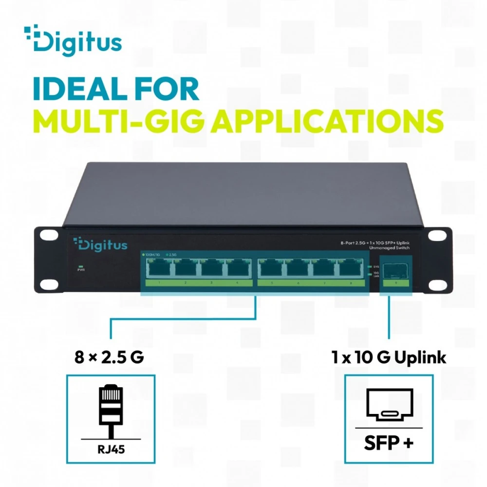 Šakotuvas Digitus Przełącznik sieciowy niezarządzalny 10" 8x rj45 2.5g, 1x sfp+ 10g, 60gbps, metalowy, bez wentylatora, plug&play