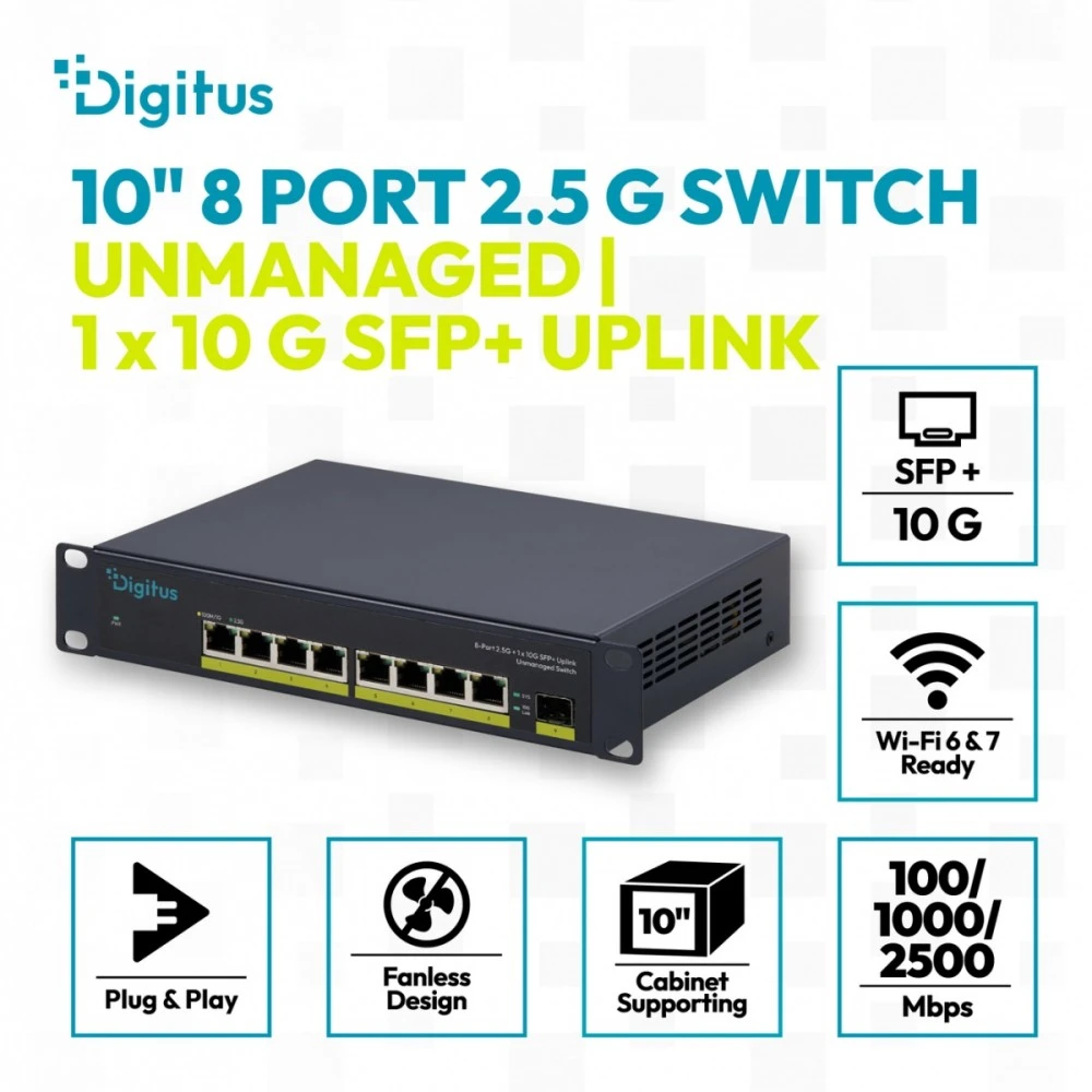 Šakotuvas Digitus Przełącznik sieciowy niezarządzalny 10" 8x rj45 2.5g, 1x sfp+ 10g, 60gbps, metalowy, bez wentylatora, plug&play