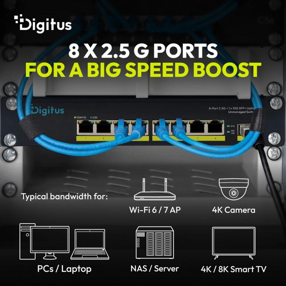 Šakotuvas Digitus Przełącznik sieciowy niezarządzalny 10" 8x rj45 2.5g, 1x sfp+ 10g, 60gbps, metalowy, bez wentylatora, plug&play
