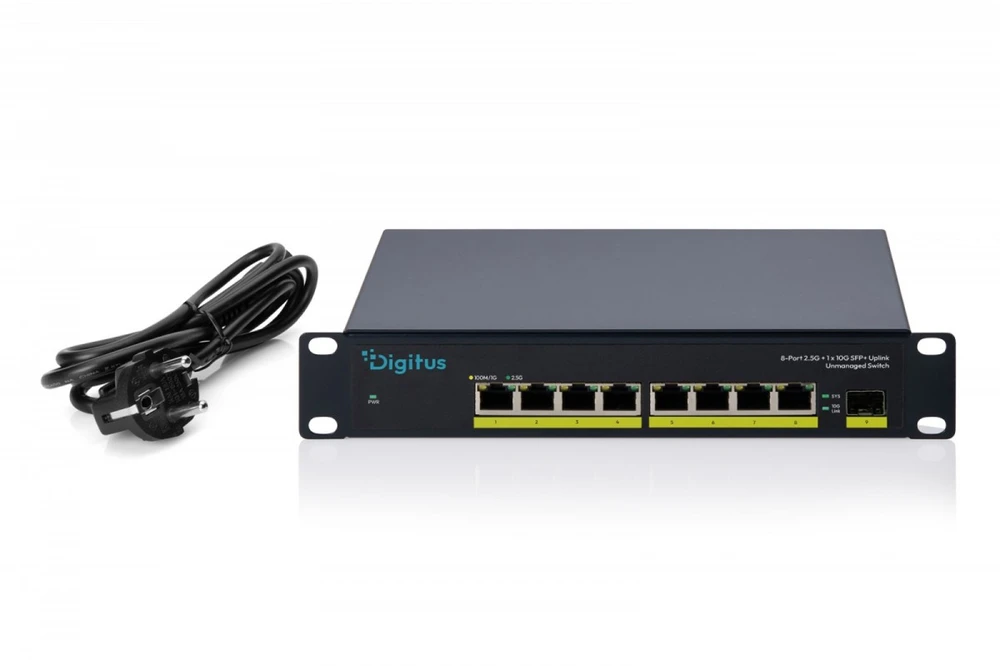 Šakotuvas Digitus Przełącznik sieciowy niezarządzalny 10" 8x rj45 2.5g, 1x sfp+ 10g, 60gbps, metalowy, bez wentylatora, plug&play