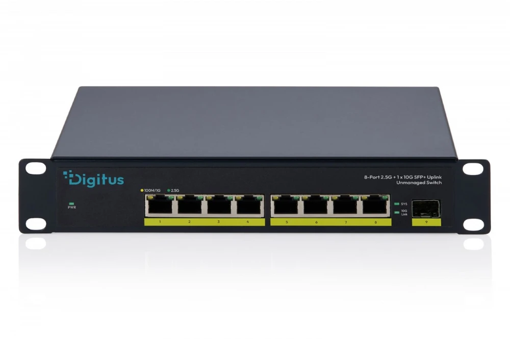 Šakotuvas Digitus Przełącznik sieciowy niezarządzalny 10" 8x rj45 2.5g, 1x sfp+ 10g, 60gbps, metalowy, bez wentylatora, plug&play