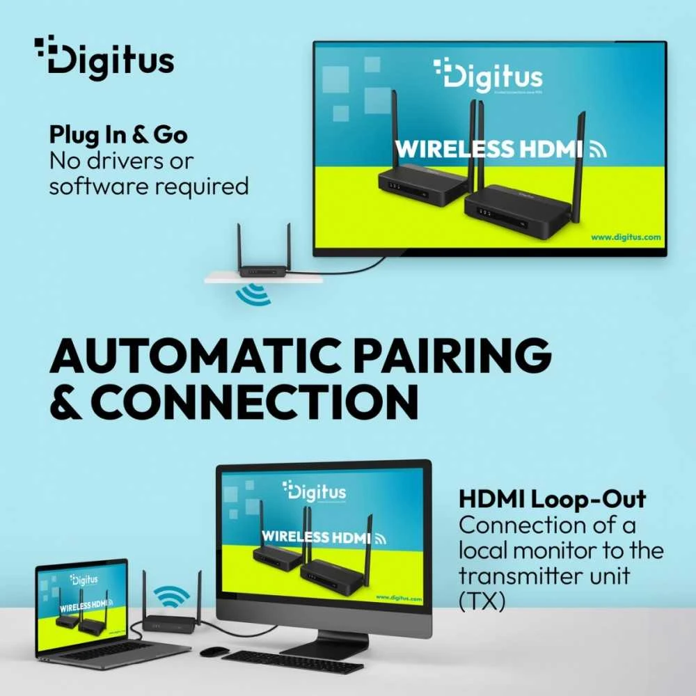 Assmann Electronic DIGITUS 4K Wireless HDMI KVM Extender Set 100 m HDMI - HDMI 4K/60 Hz Ultra Low Latency