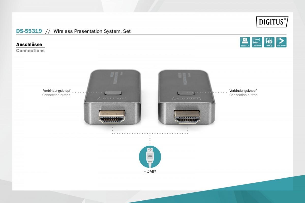 Assmann Electronic „Assmann“ elektroninė DIGITUS belaidė pristatymo sistema 50 m „Dongle“ 16–1 „Full HD“ mobiliojo ekrano bendrinimas