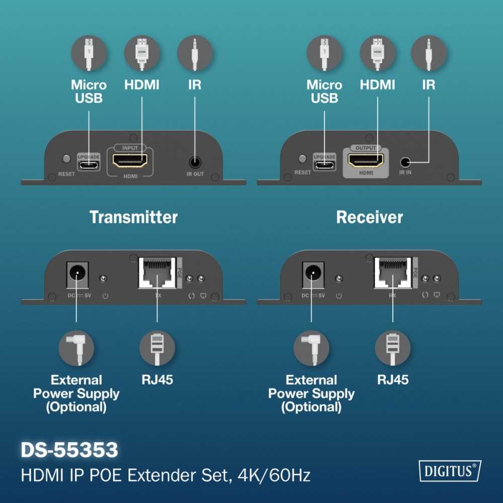 Assmann Electronic DIGITUS HDMI IP ilgintuvas 4K/60Hz 120/200 m PoE One-to-Many CAT Juodas