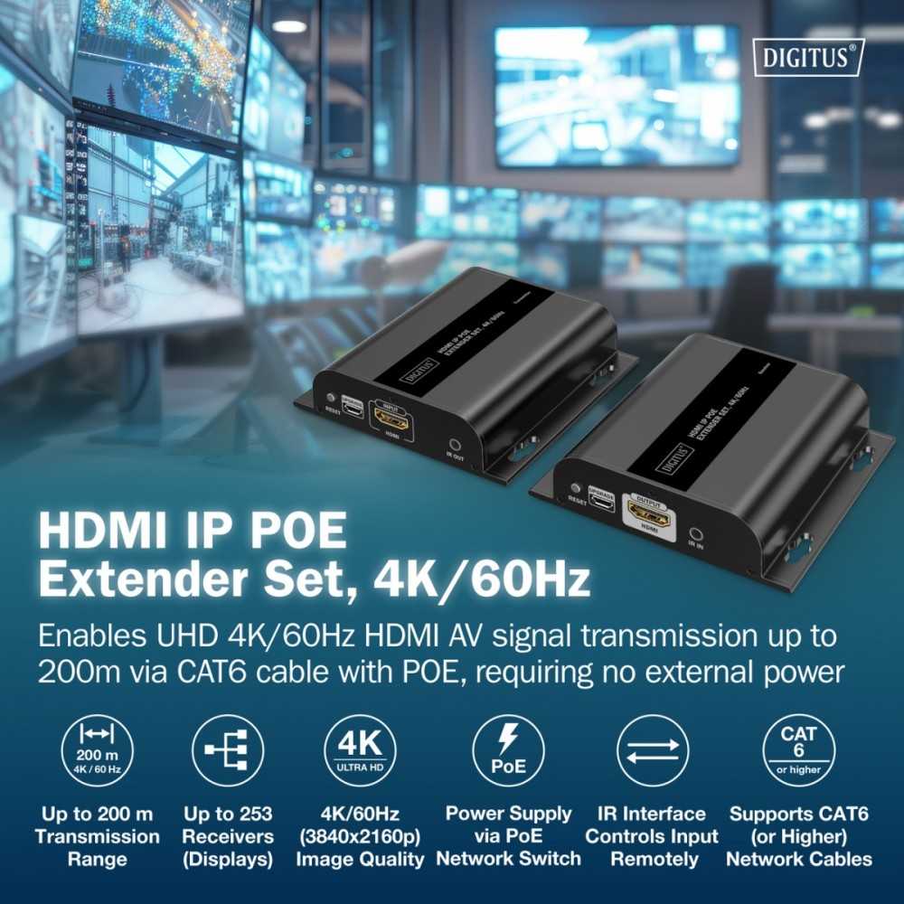 Assmann Electronic DIGITUS HDMI IP ilgintuvas 4K/60Hz 120/200 m PoE One-to-Many CAT Juodas