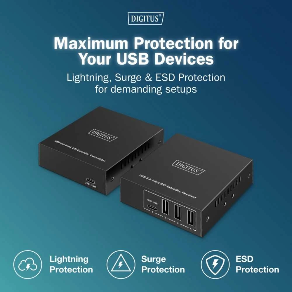 „Assmann Electronic DIGITUS USB“ ilgintuvas, USB 3.2 Gen1, 100 m, 3x USB-A ir 1x USB-C, skirtas naudoti su CAT kabeliu
