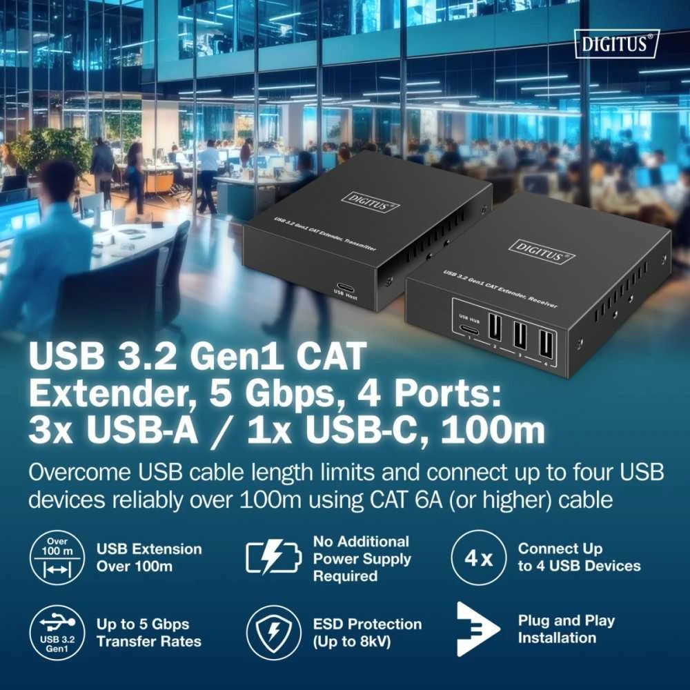 „Assmann Electronic DIGITUS USB“ ilgintuvas, USB 3.2 Gen1, 100 m, 3x USB-A ir 1x USB-C, skirtas naudoti su CAT kabeliu