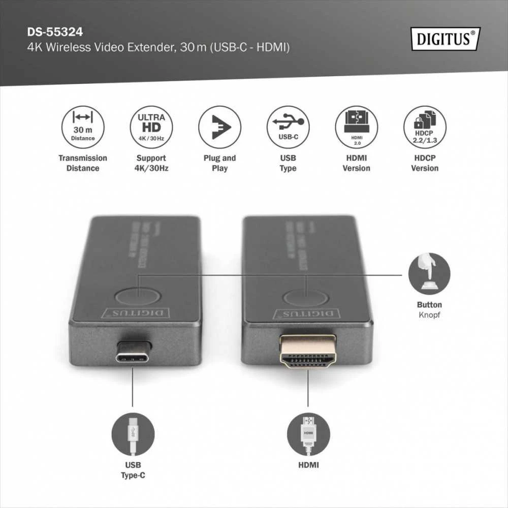 Digitus USB-C į HDMI belaidį prailginimo kabelį, 30 m, UHD 4K 30Hz garsą (komplektas)
