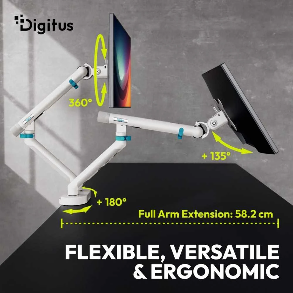 Assmann Electronic DIGITUS dvigubo monitoriaus laikiklis 2x35 colių 2x10kg mechaninė spyruoklinė VESA 75x75 100x100 Baltas