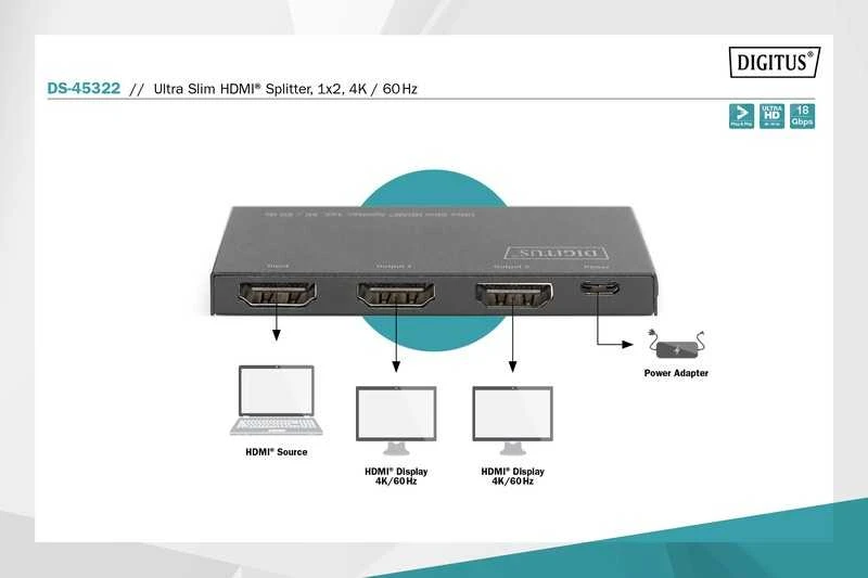 Assmann Electronic Assmann elektroninis DIGITUS DS-45322 itin plonas HDMI skirstytuvas 1x2 4K/60Hz HDR HDCP 2.2 18Gbps, maitinamas mikro USB