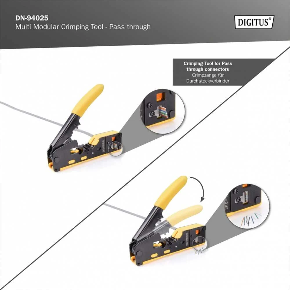 Digitus Suspaudimo įrankis rj45 cat.5e/cat.6, rj12, rj11 įvadiniams kamščiams su kabelių pjovimo ir izoliacijos nuėmimo funkcija