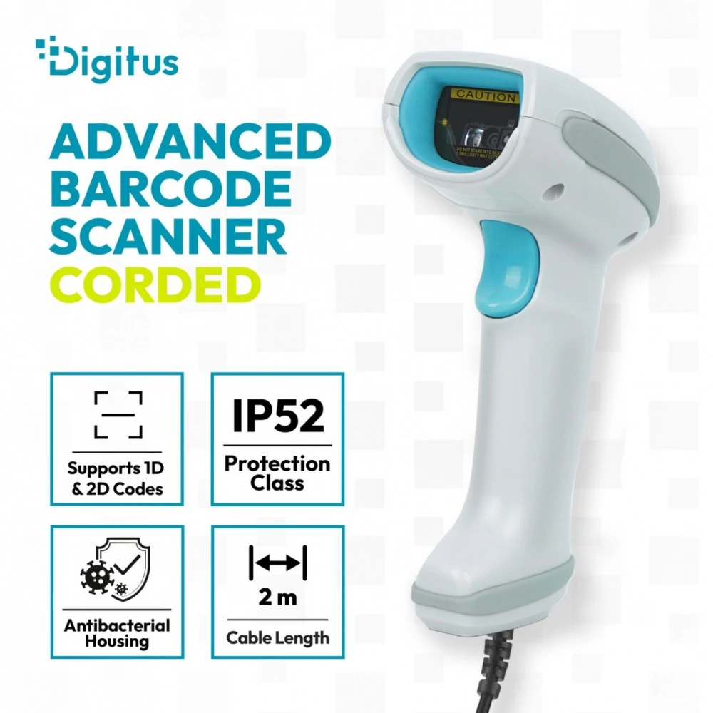 Skaitytuvas kodów kreskowych Digitus Advanced Barcode Scanner Corded 1D/2D 2m/s 1280x1024 IP52 (DA-81006)