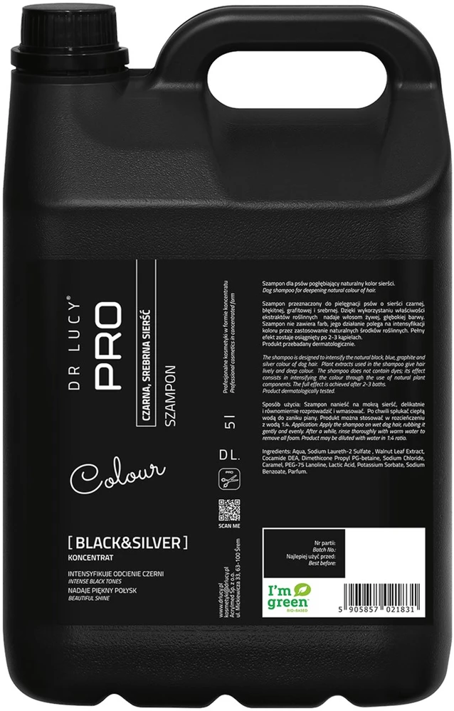 Dr. Lucy Pro Juodas & Sidabrinis šampūnas – Spalvą ryškinanti formulė tamsiam kailiui, 5L su pompa