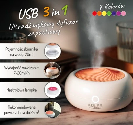Drėkintuvas Adler | USB ultragarsinis aromato difuzorius 3in1 | AD 7969 | Ultragarsinis | Tinka kambariams iki 25 m² | Baltas