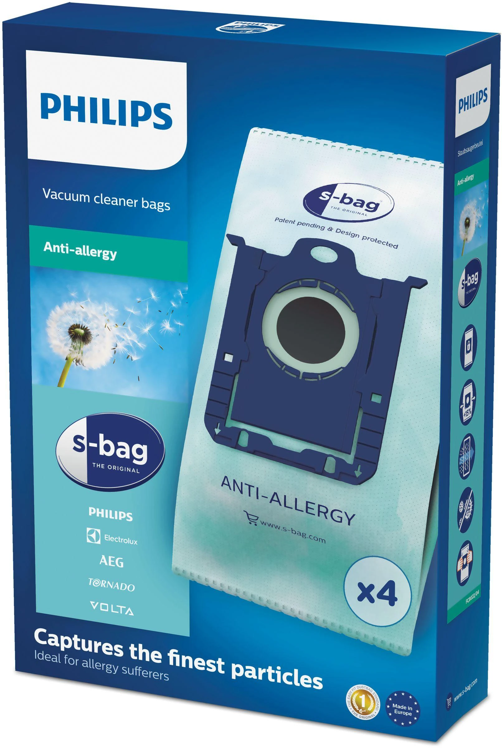 Philips s-bag Dulkių siurblių maišeliai FC8022/04 4 x dulkių maišeliai Vienas standartas tinka visiems Antialerginiam filtravimui