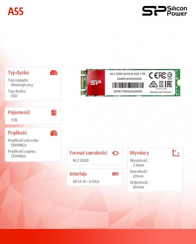SILICONPOW SP001TBSS3A55M28 Silicon Power SSD A55 1TB, M.2 SATA, 560/530 MB/s