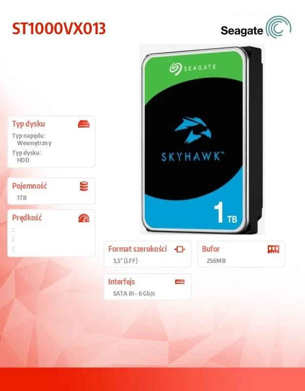„SEAGATE“ HDD „SkyHawk Surveillance“ (3,5 colio/1 TB/SATA 6 Gb/s/rpm 5400)