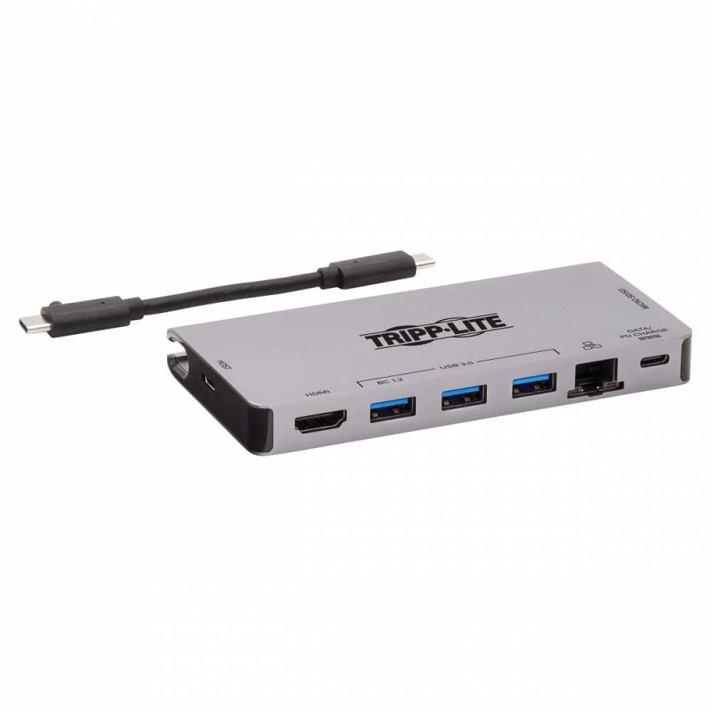 „Eaton Tripp Lite“ USB-C dokas – 4K HDMI, USB 3.2 Gen 1, USB-A šakotuvas, GbE, atminties kortelė, 100 W PD įkrovimas, nuimamas laidas
