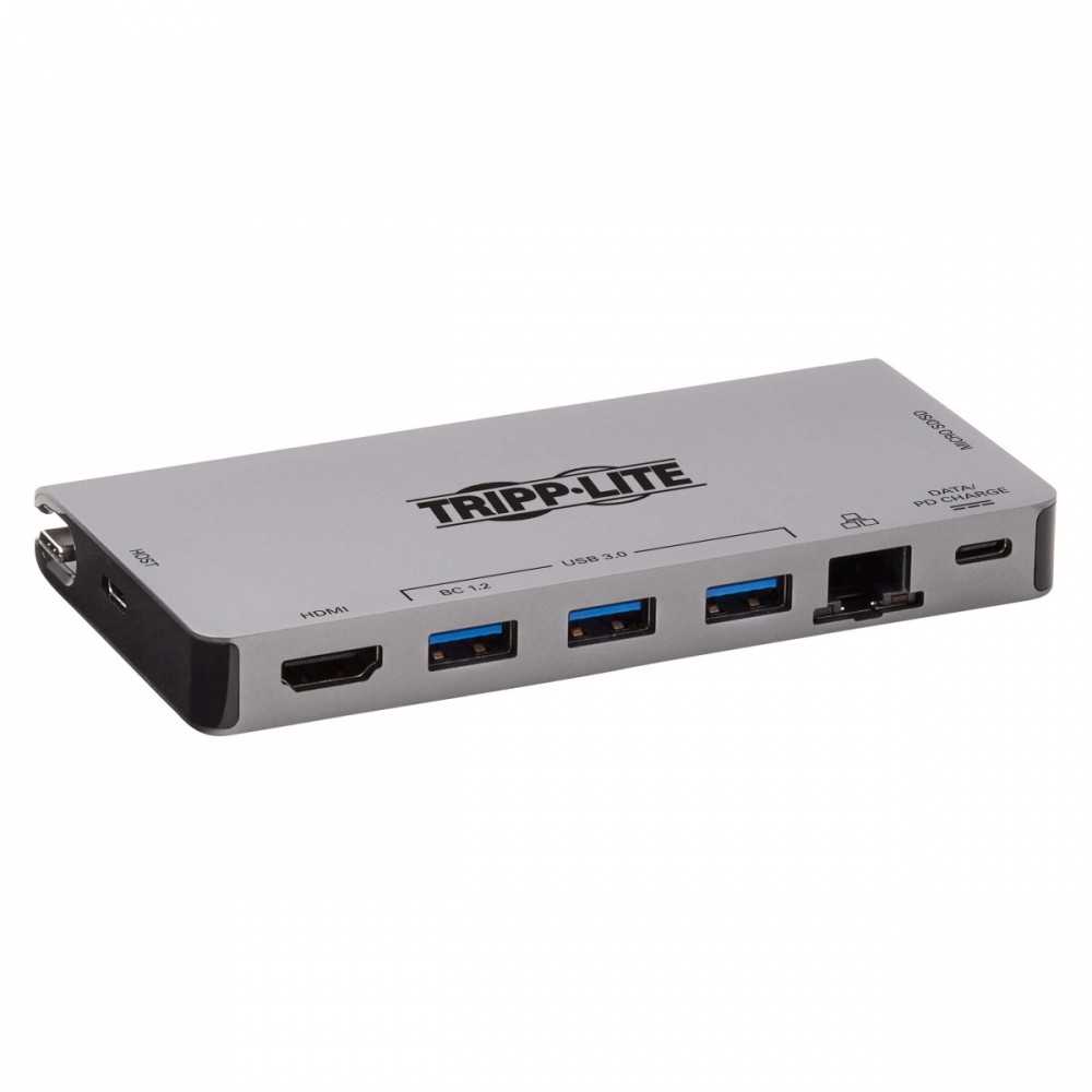 „Eaton Tripp Lite“ USB-C dokas – 4K HDMI, USB 3.2 Gen 1, USB-A šakotuvas, GbE, atminties kortelė, 100 W PD įkrovimas, nuimamas laidas