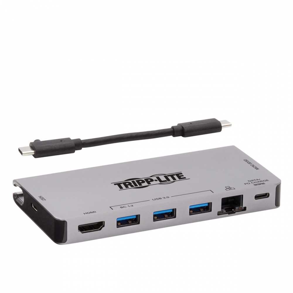 „Eaton Tripp Lite“ USB-C dokas – 4K HDMI, USB 3.2 Gen 1, USB-A šakotuvas, GbE, atminties kortelė, 100 W PD įkrovimas, nuimamas laidas