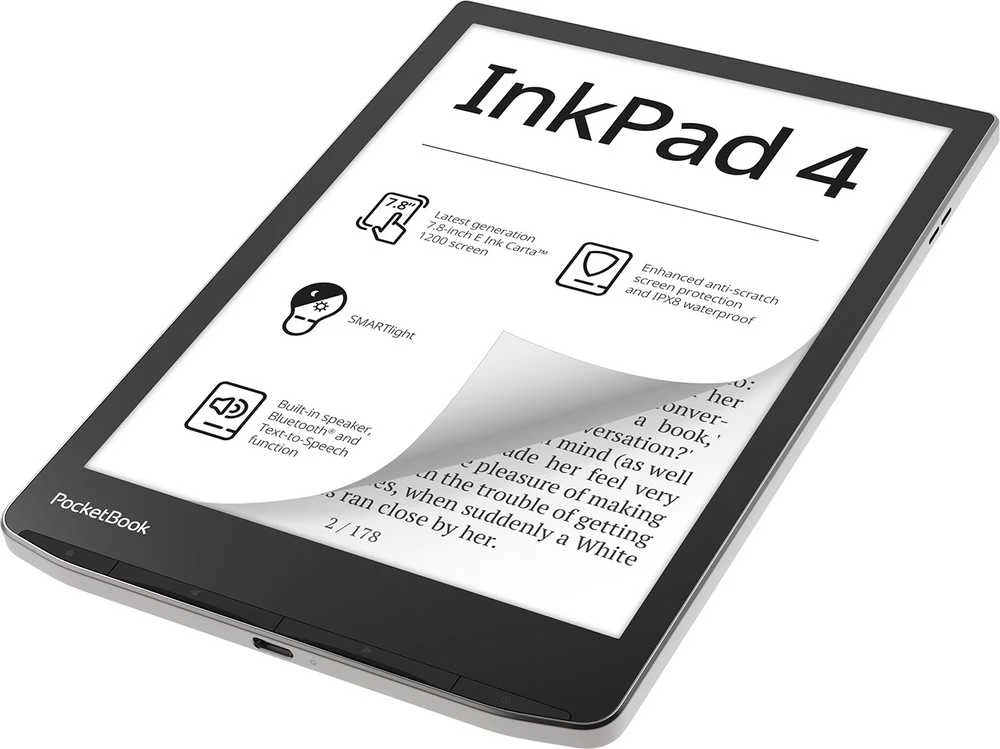 El. knygų skaitytuvas „PocketBook InkPad 4 743“ 7,8 colio, 32 GB, su „Wi-Fi“, žvaigždės dulkių spalvos, sidabrinis