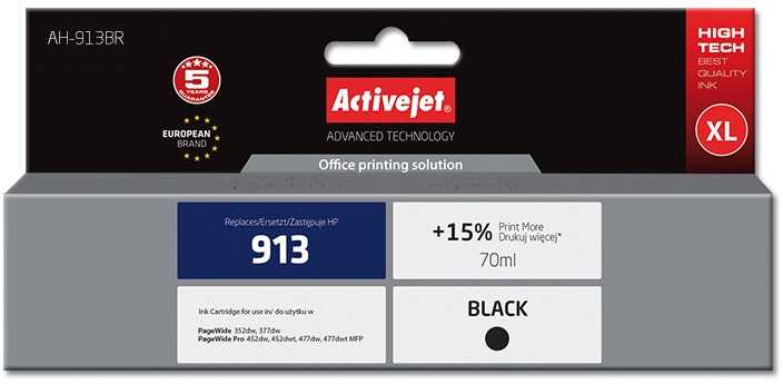 Rašalo kasetė Activejet AH-913BR (pakaitinė HP 913 L0R095AE, Premium, 70 ml, juoda)