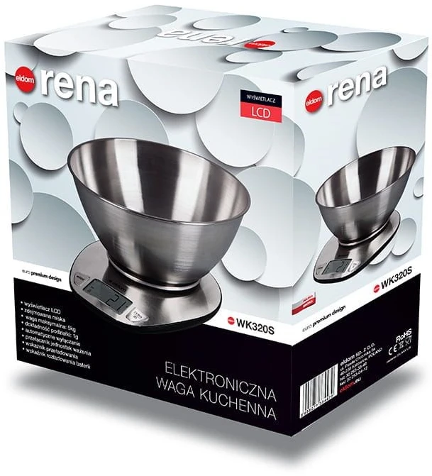 Virtuvinės svarstyklės Eldom elektroninės virtuvės svarstyklės WK320S Rena, tikslumas 1 g, sveria iki 5kg, LED ekranas, plienas su dubeniu.