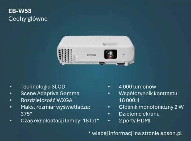 Projektorius Epson eb-w53 4000 ansi liumenų 3lcd wxga (1200x800) balta