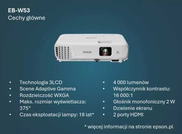 Projektorius Epson | EB-W53 | WXGA (1280x800) | 4000 ANSI lumens | Baltas